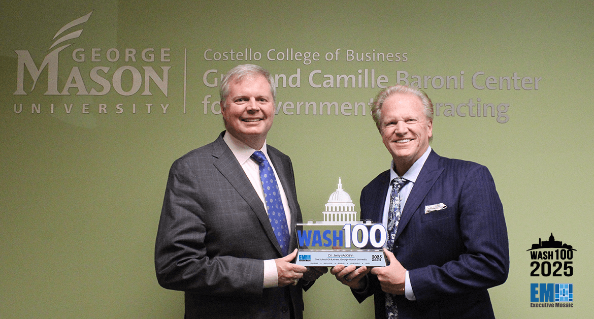 GMU’s Jerry McGinn Accepts 2025 Wash100 Award from Executive Mosaic CEO Jim Garrettson